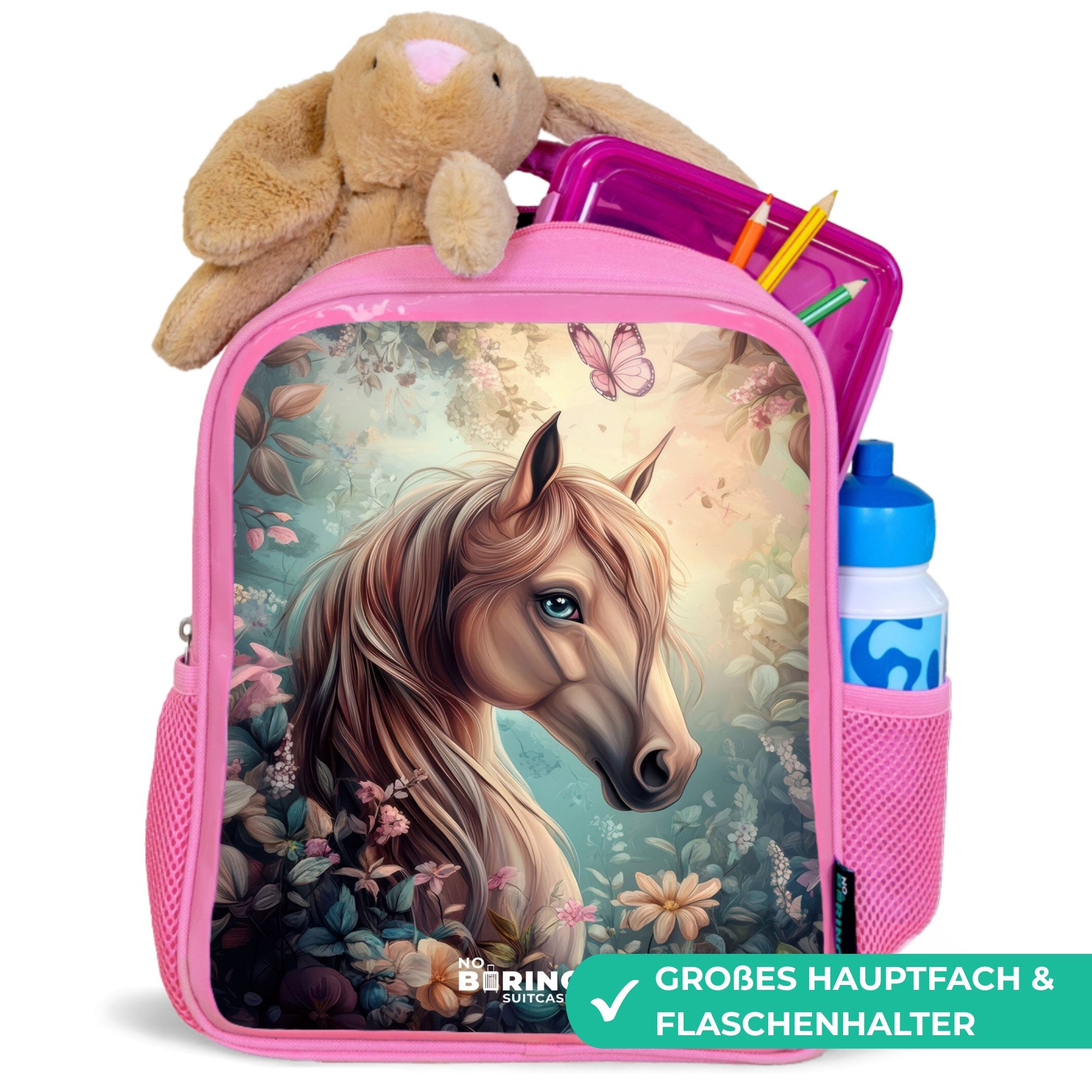 NoBoringSuitcases.com© Rucksack Rosa - Pferd mit Schmetterlingen im Blumengarten, Kinderrucksack, Schulrucksack, Freizeitrucksack, Mädchen, Kindergarten