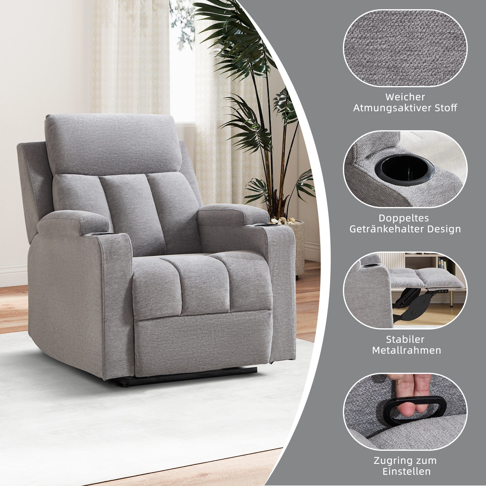 Bonzy Home TV-Sessel Relaxsessel mit Liegefunktion, Fernsehsessel, Wohnzimmer 90 °-160 ° (1-St), Manueller Verstellbarer Relaxsessel mit Fußstütze und Becherhal – Bild 3 von 5