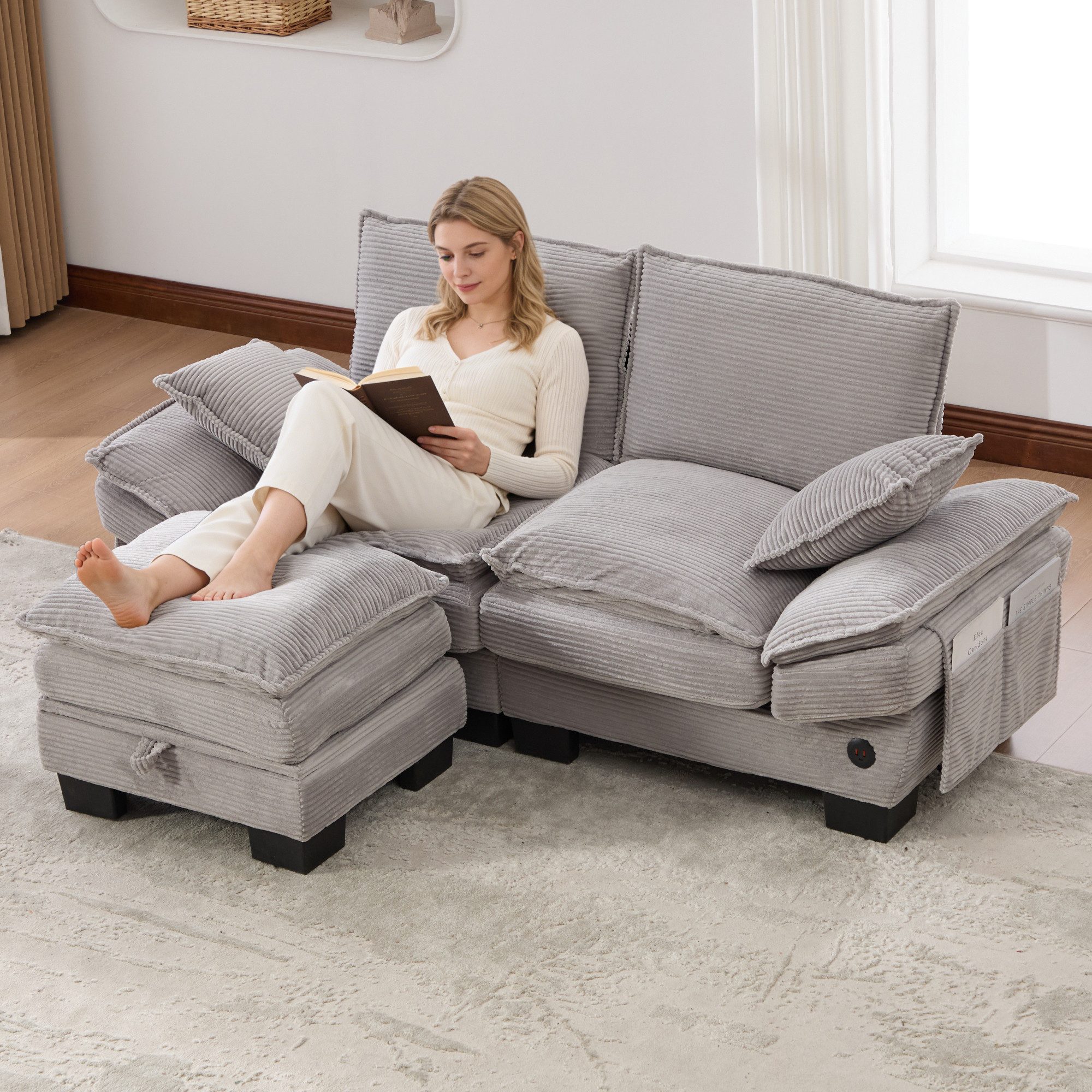 TavilaEcon Loungesofa Modulares 3/2-Sitzer Cordsofa mit 1 Hocker, 1 Teile, mit USB-C, Seitentaschen & flexible Module
