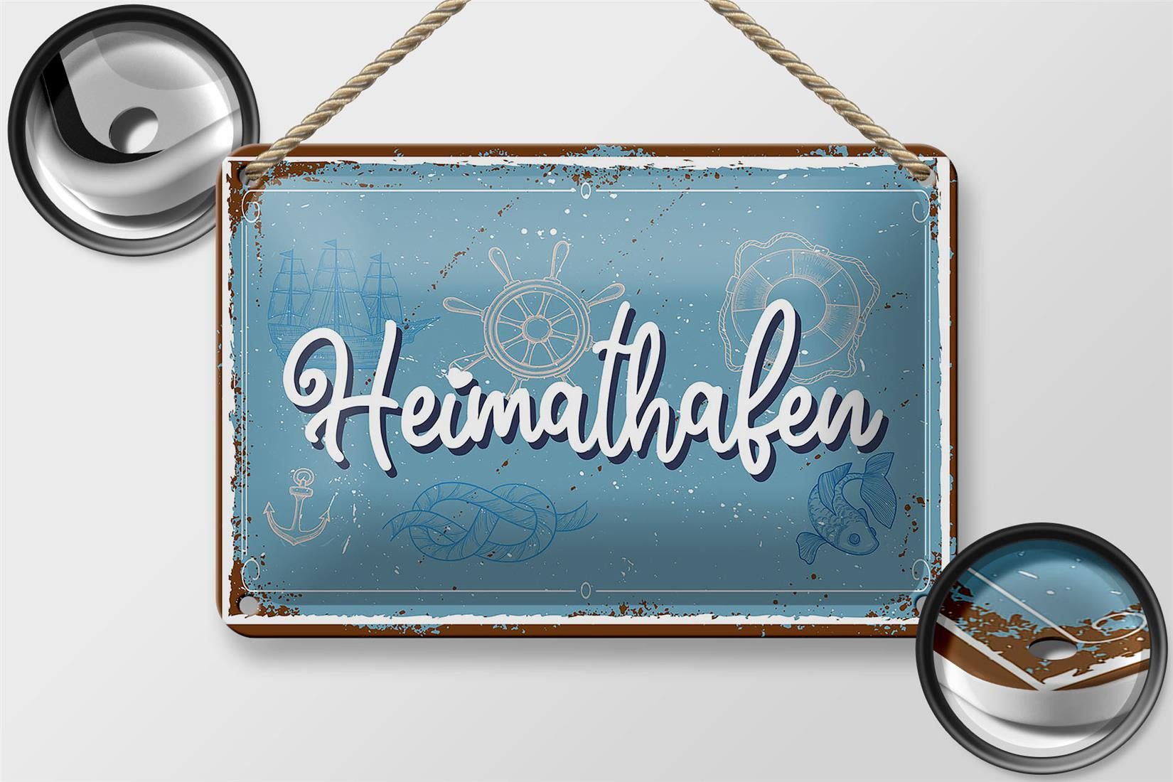 Femer GmbH Metallschild Spruch 18x12cm Heimathafen Steuerrad, (1 St), gewölbte Oberfläche, abgerundete Ecken, umgeschlagene Kanten