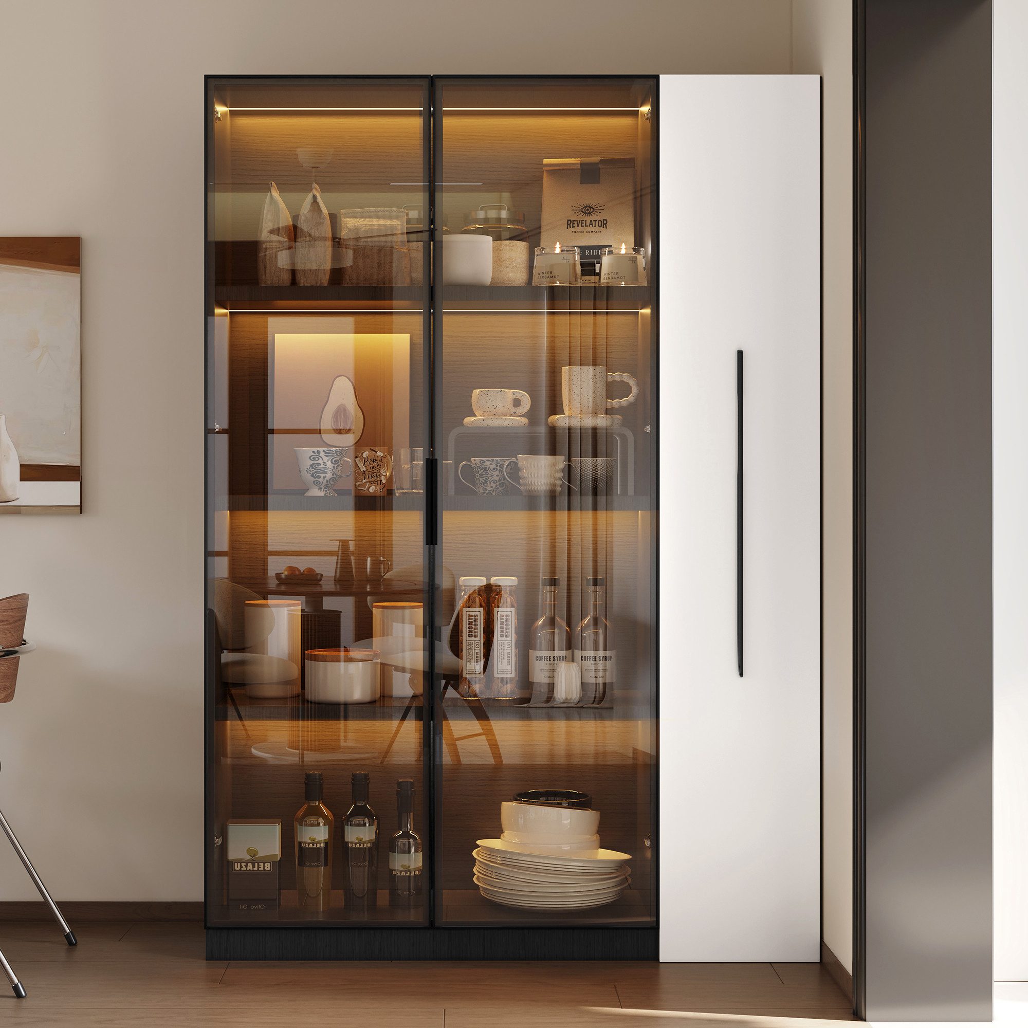 REDOM Vitrine 2-in-1 Schrank mit LED-Beleuchtung (Badezimmerschrä,Esszimmerschrank, 1-St., 160 cm hoch) mit Glastür und LED, Seitenauszug