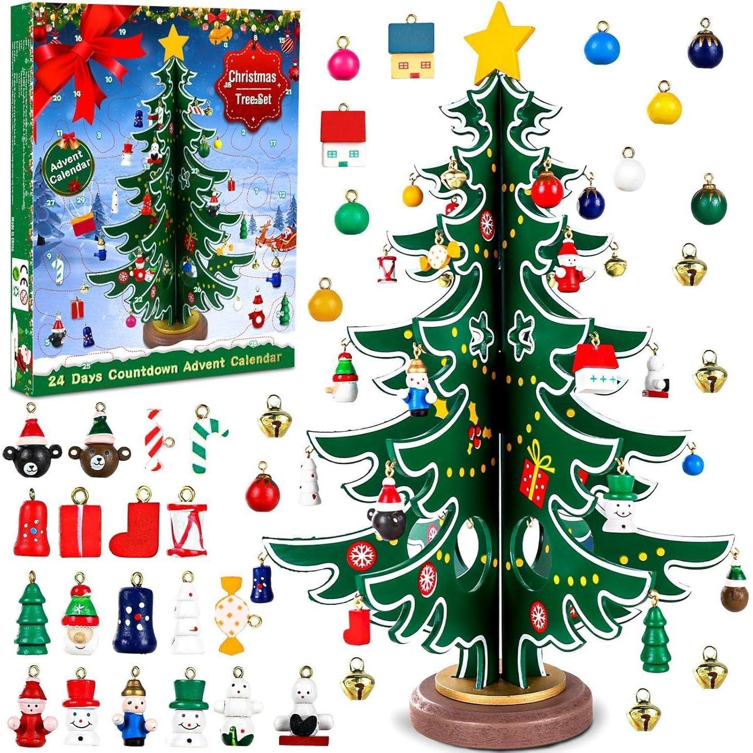 LuxusKollektion Adventskalender Adventskalender 2024 Holz Weihnachtsbaum 29 Ornamente 24 Tage