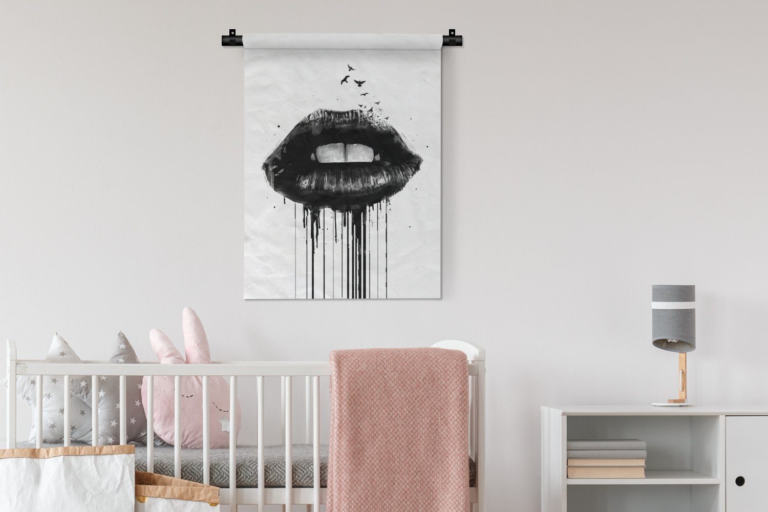 MuchoWow Wanddekoobjekt Wand, für - der an Wohnzimmer, - Deko Schwarz - Lippen Tapisserie, Abstrakt, Vögel Schlafzimmer