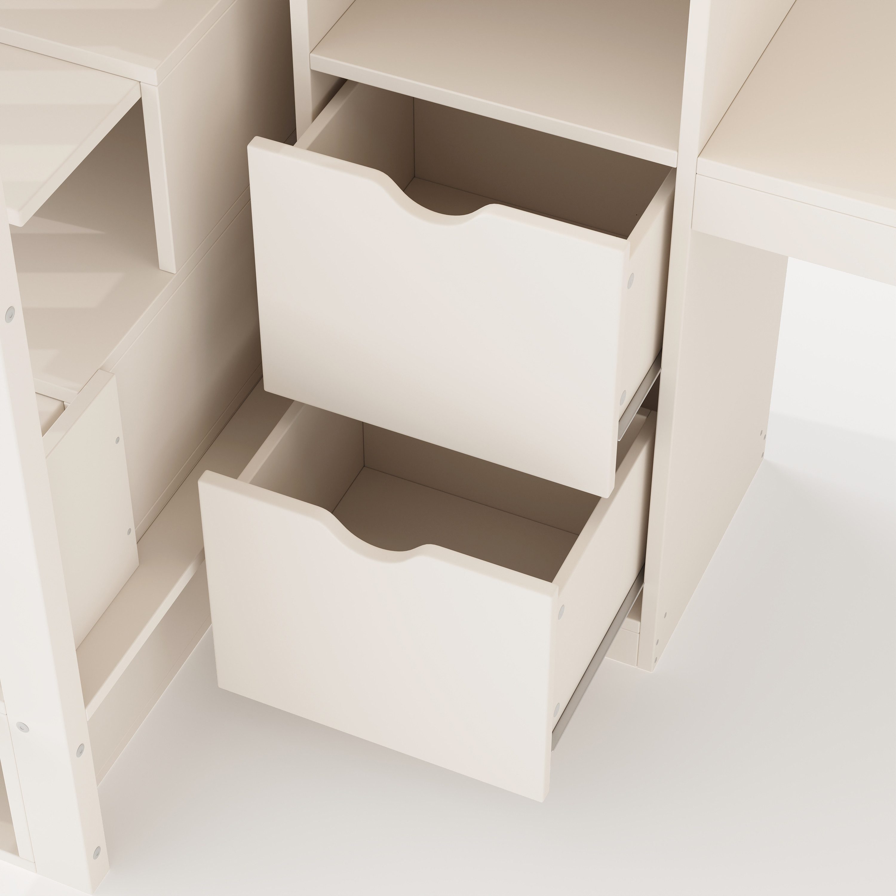 MODFU Hochbett Hochbett 90x200 cm mit Treppenschrank & Eckschreibtisch, Weiß (Packung, 1-St., platzsparendes Holzbett für Kinder und Jugendliche) mit Stauraum und Schubladen (ohne Matratze)