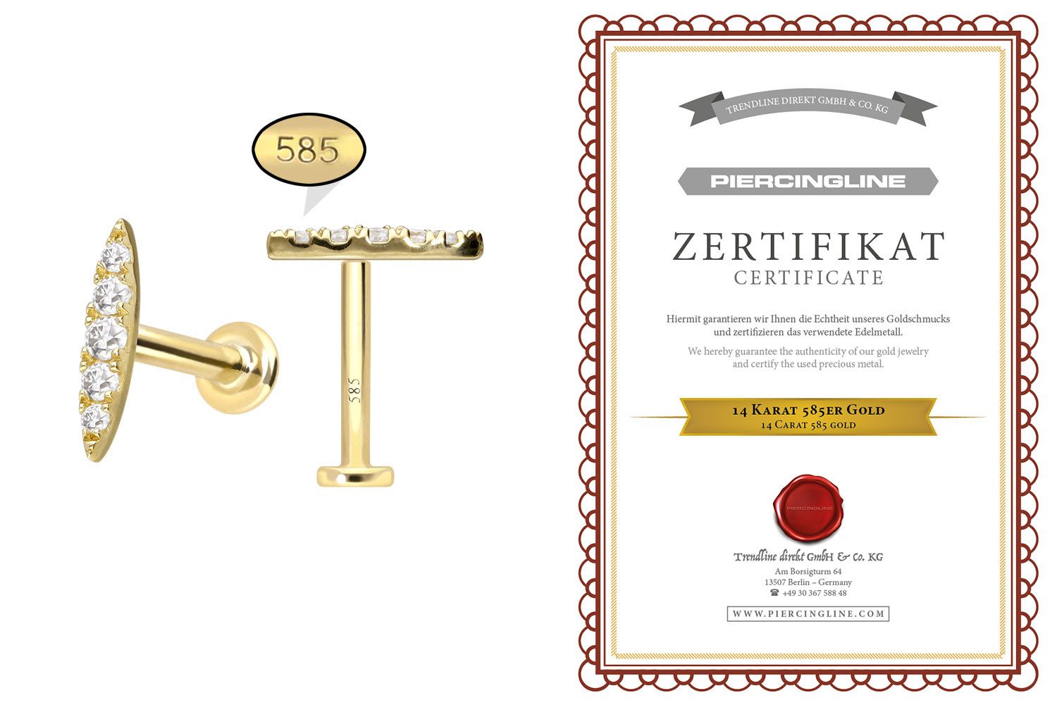 PIERCINGLINE Piercing-Set 14 Karat Gold Labret mit Push Fit MOISSANIT-OVAL (Labrets, 1-tlg)