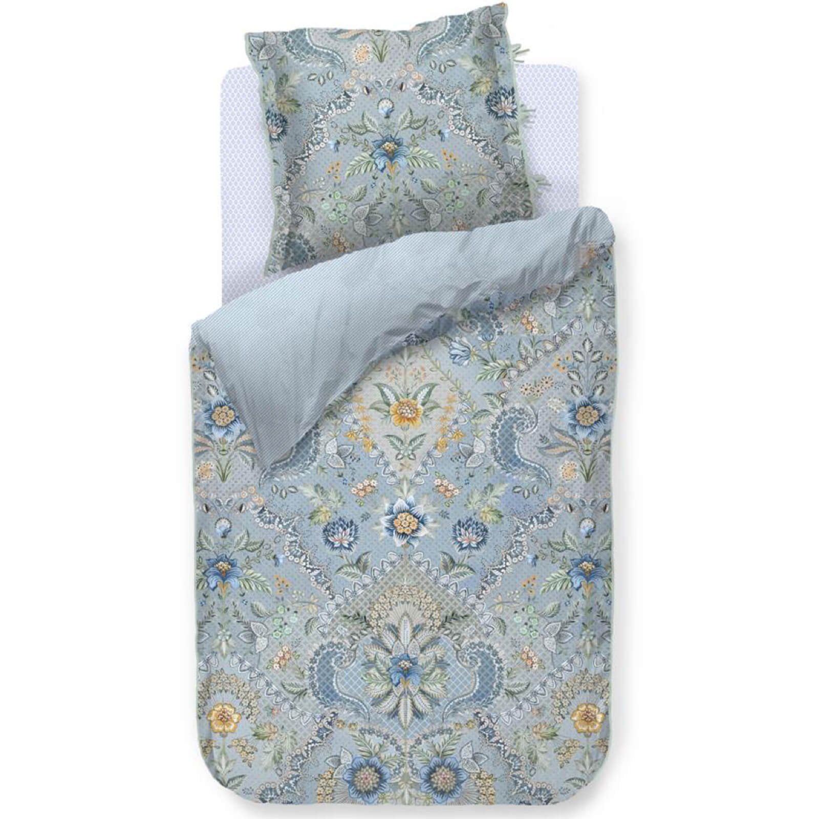PiP Studio Bettwäsche Saluti Grandi Light Blue, Perkal, 3 teilig, Blüten, florale Elemente, Gestreift