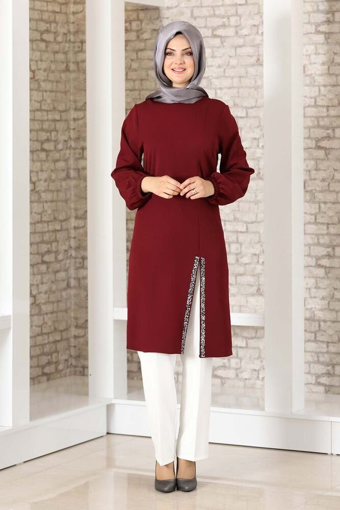 Modavitrini Longtunika Damen Hijab Tunika mit Schlitz und Steindetail  Modest Fashion Steindetail