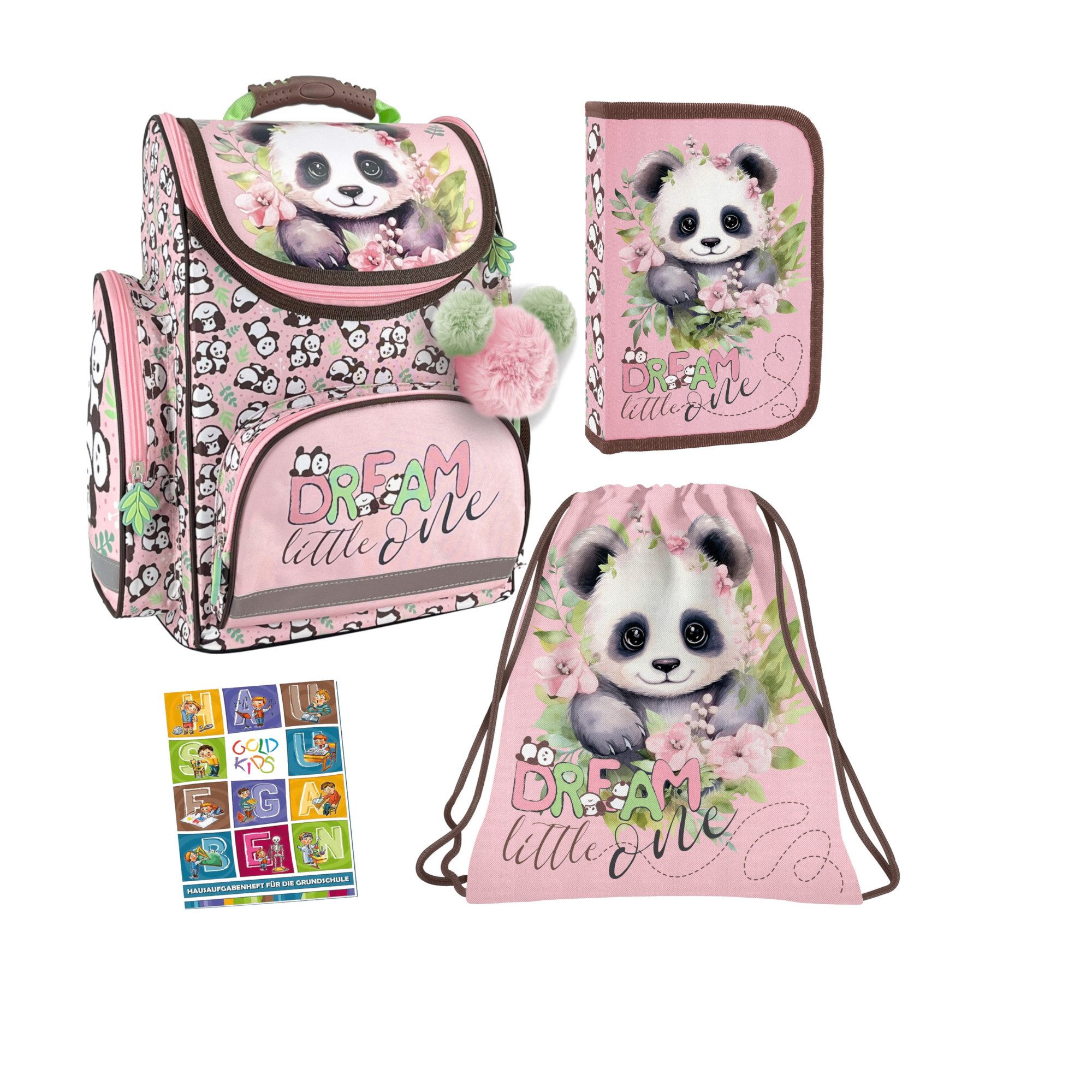 GOLDKIDS Schulranzen für Jungen und Mädchen, 4er-Set - (Schul-Rucksack für Kinder mit Federmäppchen -, 1-tlg., Schuhbeutel und Hausaufgabenheft), - Panda Motiv - 1-3 Klasse