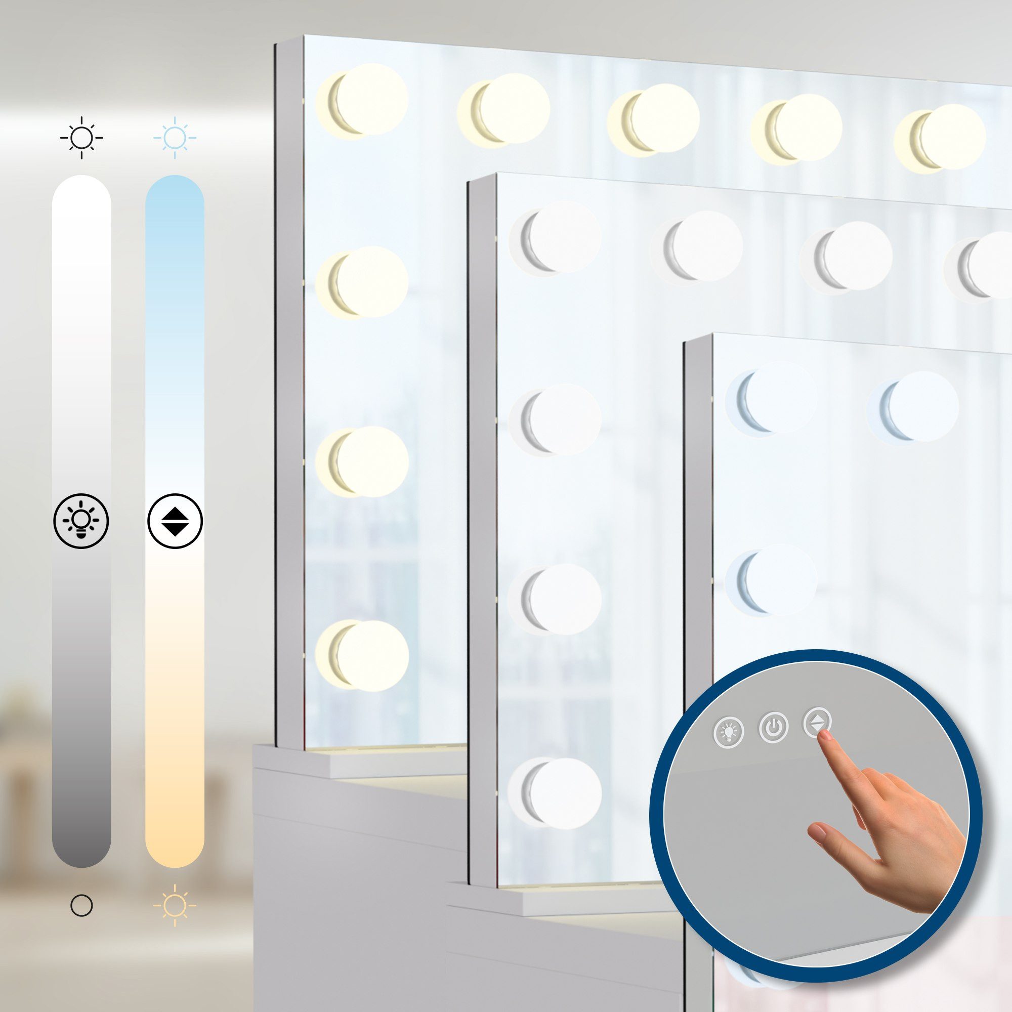 TPFLiving Schminktisch Selviro (Robustes Holzgestell für Stabilität und Langlebigkeit, 14 dimmbare LEDs in drei Lichtfarben (warmweiß, neutralweiß, kaltweiß), Maße (TxBxH): 49 x 110 x 144cm - Farbe: weiß