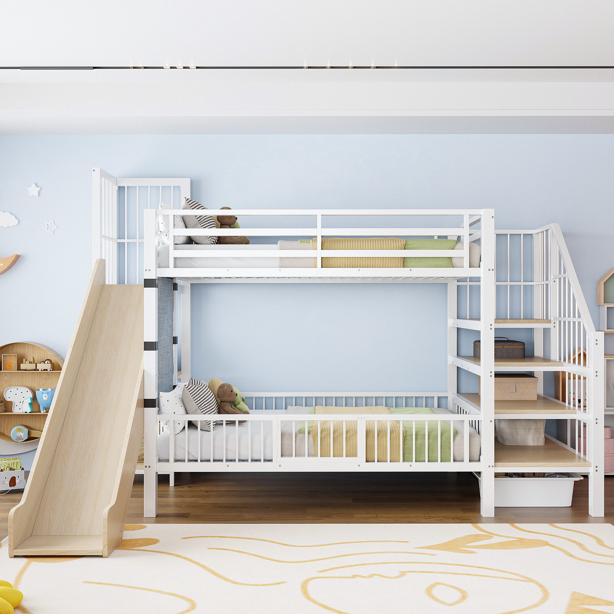 OKWISH Etagenbett Kinderbett Metallbett (mit Rutsche und Stauraumtreppe, Metallrahmen, Schutzgittertür und Regalen, 90x200 cm), ohne Matratze