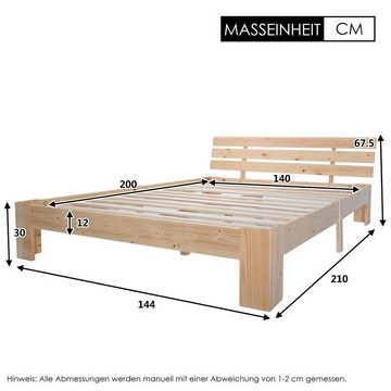 BlingBin Jugendbett Holzbett Doppelbett (1-tlg., mit Kopfteil aus Bettgestell, Massivholz, Kiefer), FSC, 140×200CM