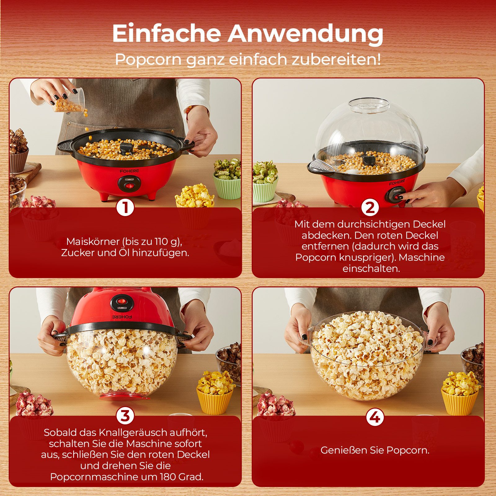 FOHERE Popcornmaschine 4.5L 700W Popcornmaschine mit 2 Messbecher, für Zucker und Öl, Automatisches Rühren – Bild 4 von 5