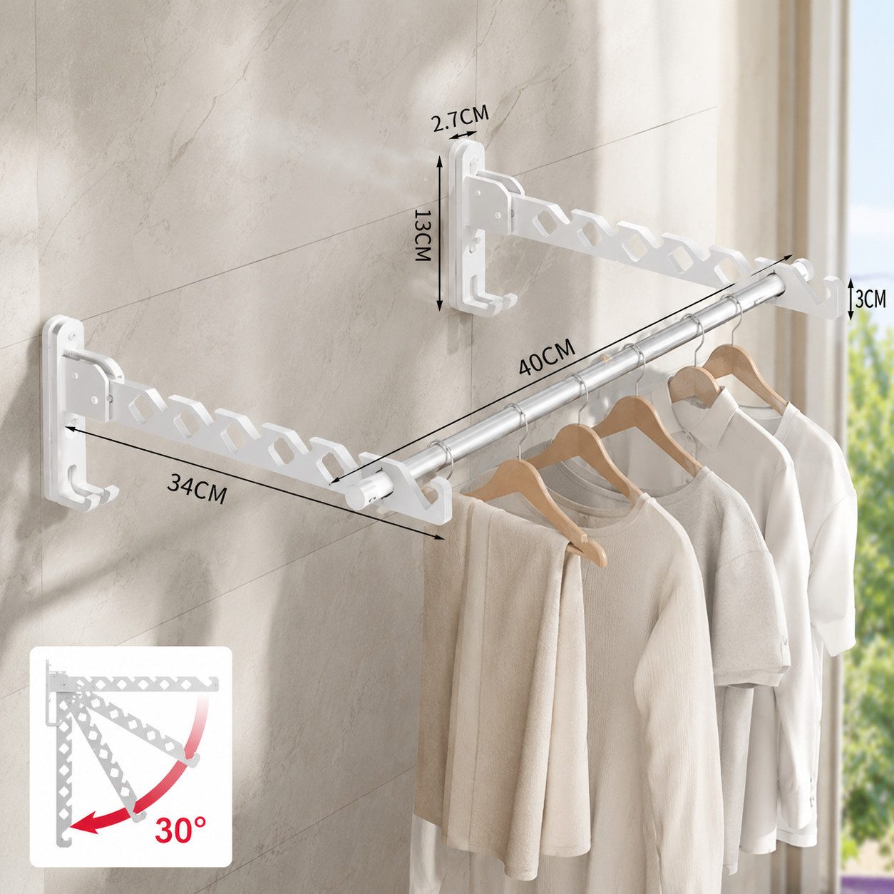 Luckice Wäscheständer ohne Bohren, faltbarer Kleiderständer Wandmontage, für Balkon, Bad und Wohnung Weiß, 2er-Pack + 40 cm Aufhängestange