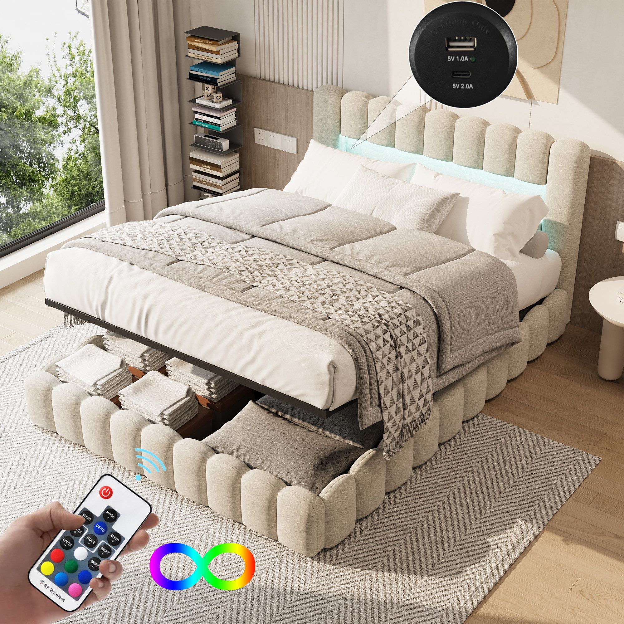 FUROKOY Boxspringbett LED Doppelbett Hydraulisches Polsterbett günstig online kaufen