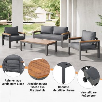 OKWISH Gartenlounge-Set Balkonmöbel Sitzgruppe Lounge-Set, Gartensitzgruppe Set aus verzinktem Stahl Akazienholz Armlehnen