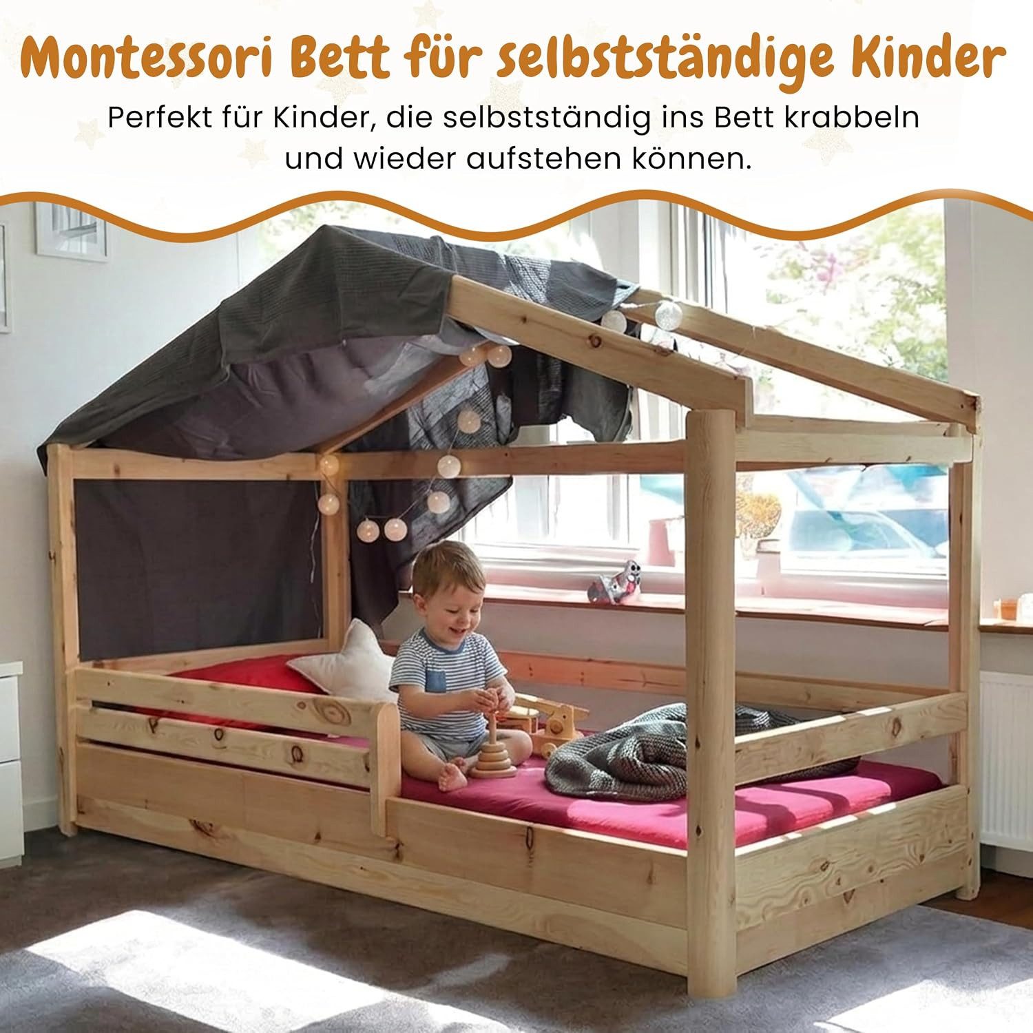 geborgenschlafen Kinderbett Bodenbett Zirbe - Massivholz & Rausfallschutz – handgefertigt, Mit Lattenrost - Montessori-inspiriertes Design – flach & sicher