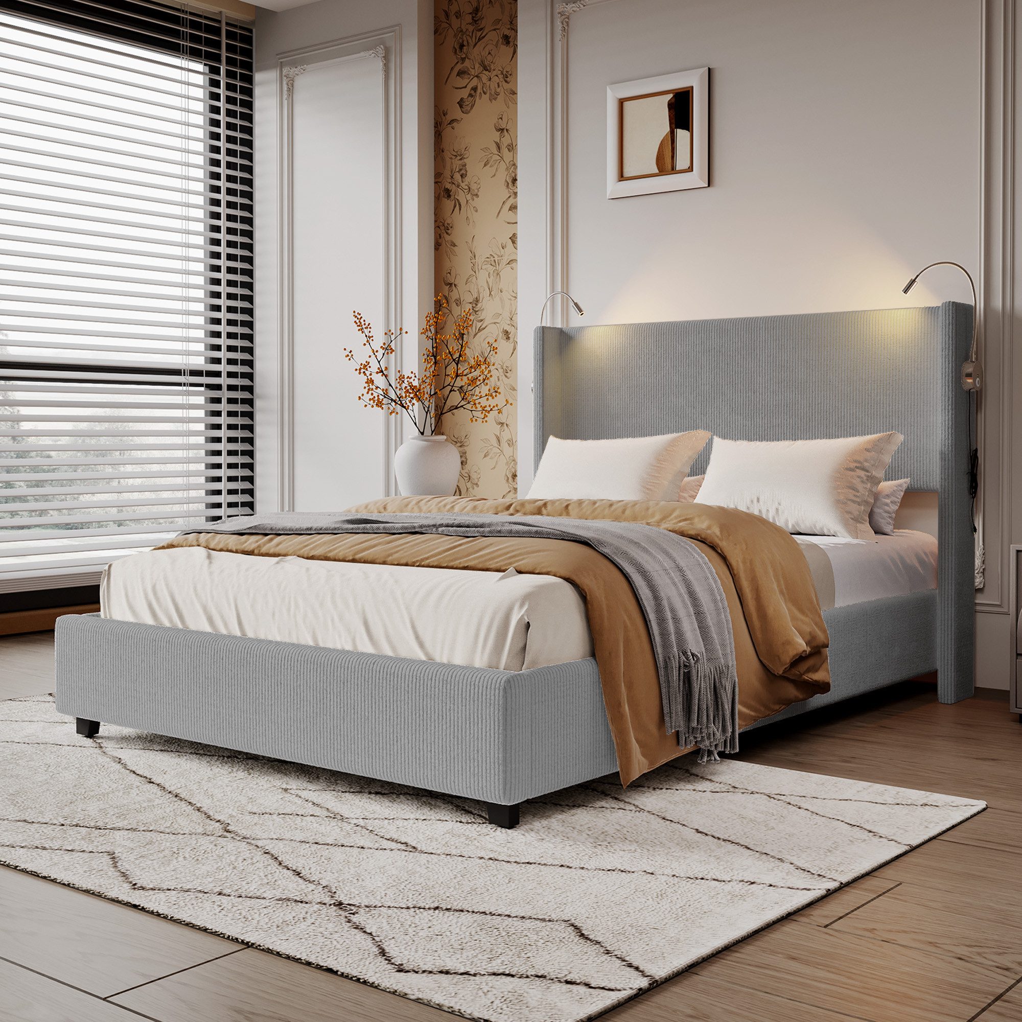 PXloue Polsterbett Doppelbett Stauraumbett 140x200 cm, mit 2 Leselicht und günstig online kaufen