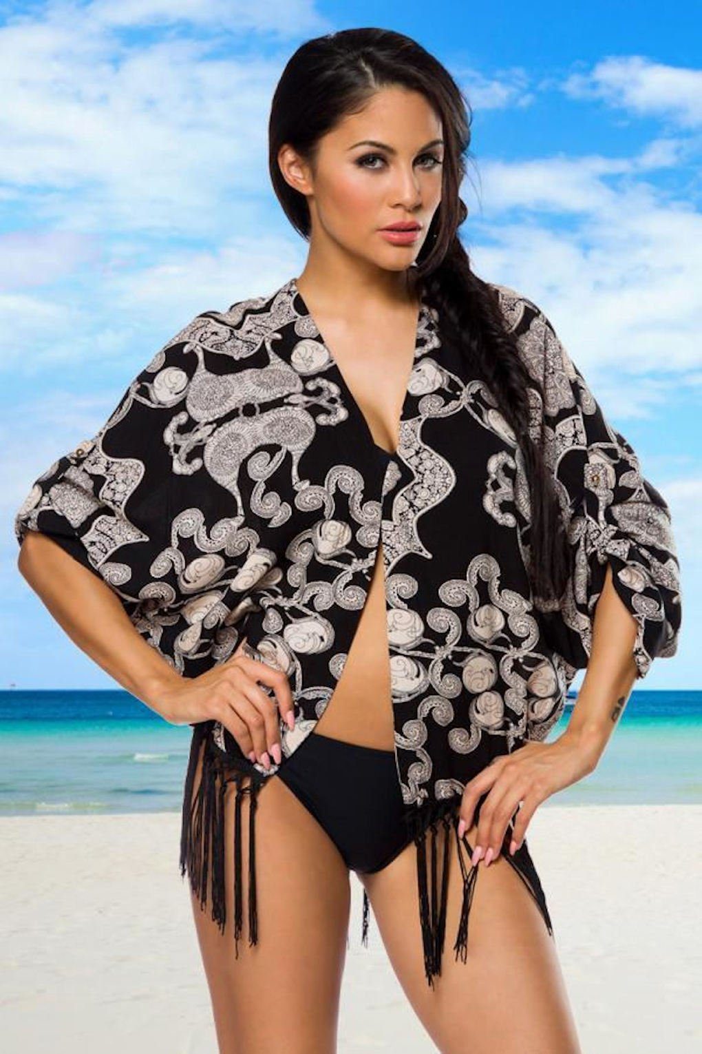 Sommerjacke Strand-Jacke Fransen Sommer-Shirt Tunika schwarz/gemustert Fransenjacke