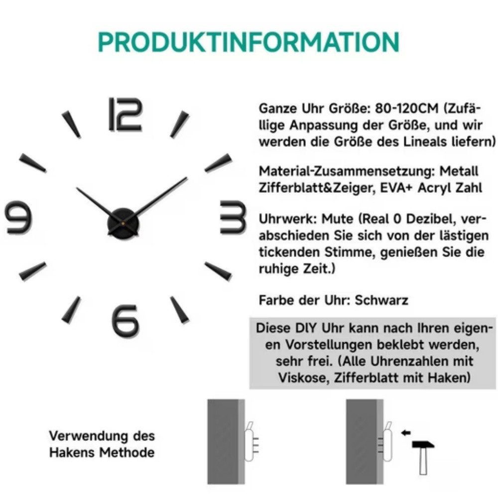 Ophy Wanduhr DIY Acryl Wanduhr (80–130 cm, frei wählbare Größe) (3D gespiegelte Zahlen, leise, im Digital-Stil) – Bild 3 von 5