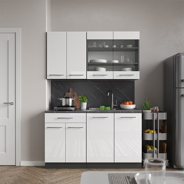 Livinity® Küchenzeile Fame-Line, Weiß Hochglanz/Anthrazit, 140 cm, AP Anthrazit