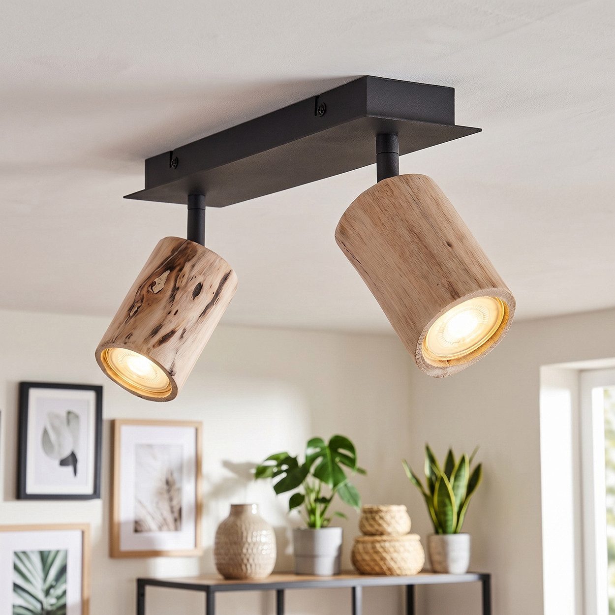 hofstein Deckenleuchte moderne Deckenlampe skandinavisches Design aus Metall/Holz in Schwarz, ohne Leuchtmittel, Leuchte m. verstellbaren Schirmen aus Holz, 2x GU10, ohne Leuchtmittel