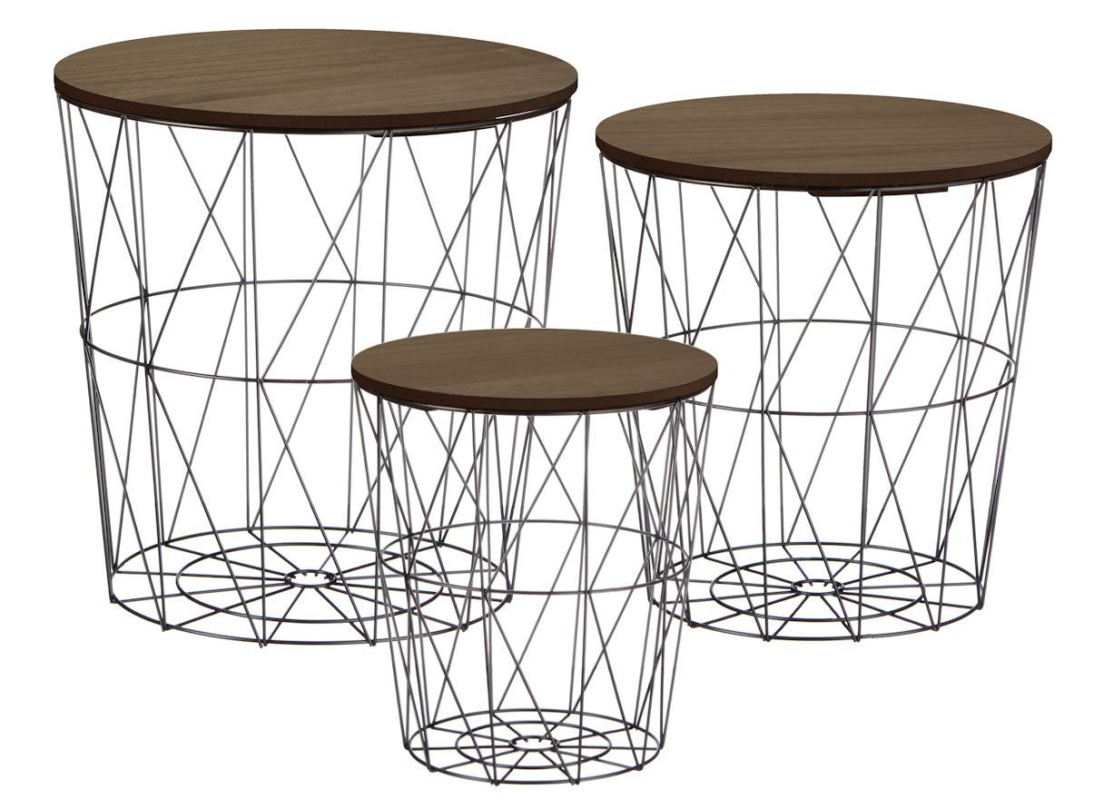 Spetebo Beistelltisch Metall Korb Tisch schwarz mit Holzplatte - 3er Set, Beistelltische mit dunklem Deckel