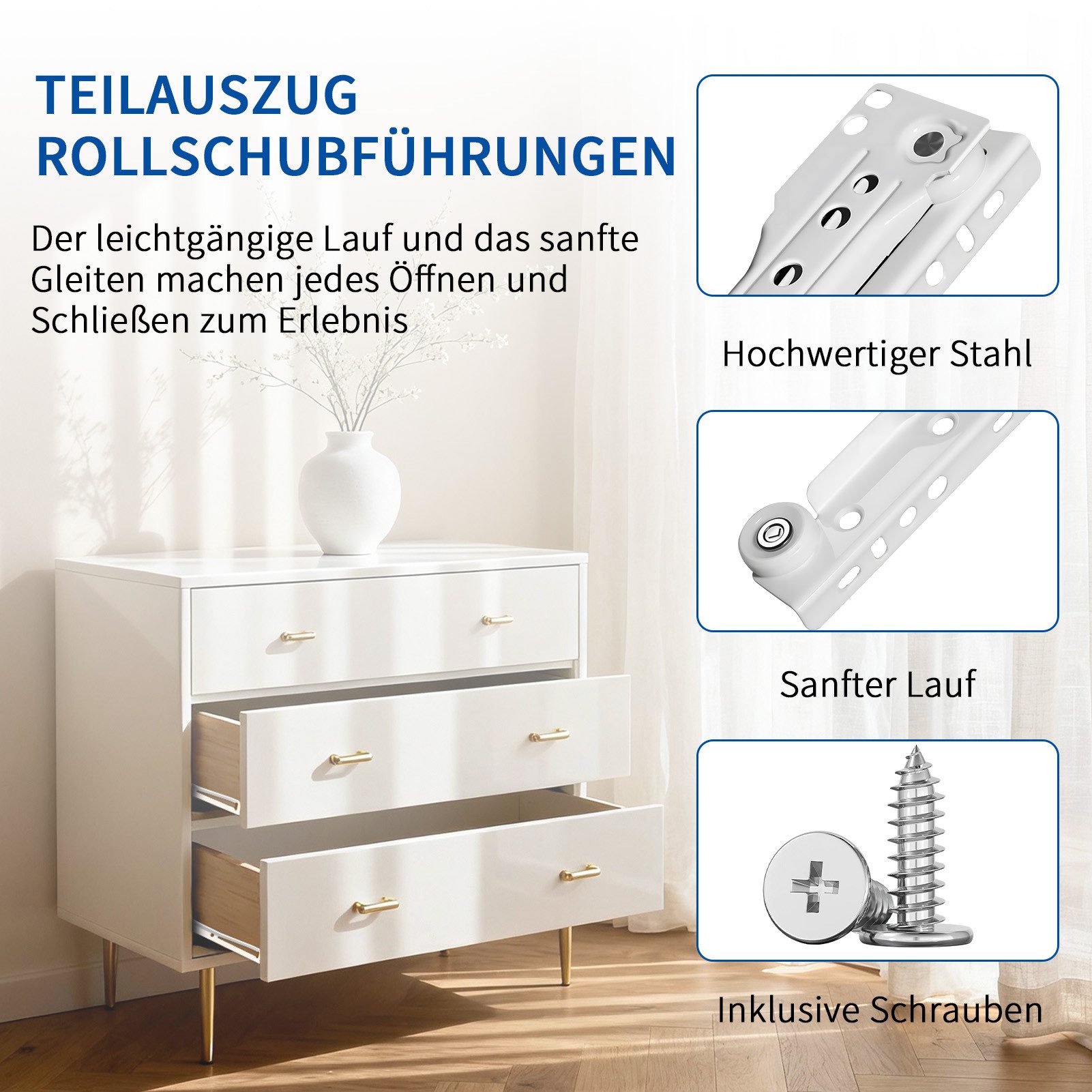 Wayne Hardware Auszug Schubladenschien Kunststoffräder Rollenführung Schubladenauszug (Tragfähigkeit: 20 kg, Legierter Stahl, 450mm Weiß, Leicht zusammenzubauen)