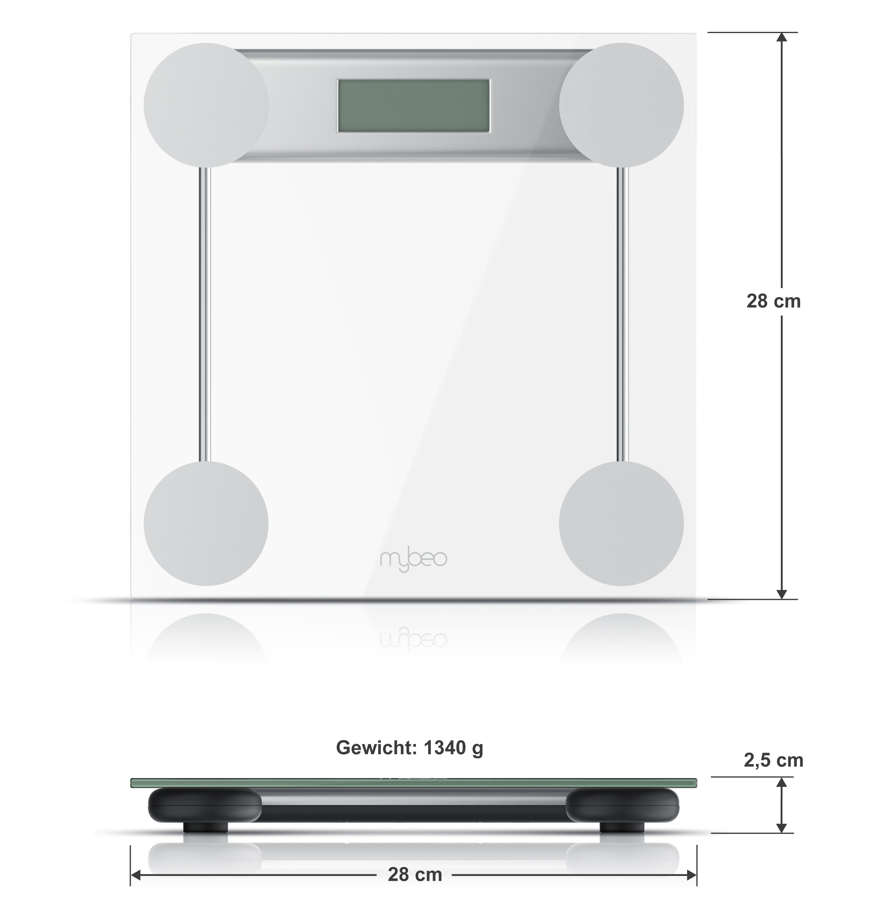 MyBeo Personenwaage digitale Waage für Personen, große Trittfläche aus 6mm Sicherheitsglas, 1-tlg., Badezimmer Digitalwaage, schmales Design, max. Belastung über 150 kg