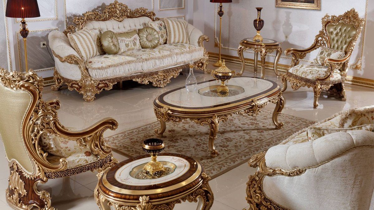 Barock Möbel - - / & Casa Luxus Padrino Couchtisch Braun Prunkvoll Glasplatte / Gold mit Couchtisch Wohnzimmertisch Barock - Weiß Edel Prunkvoller