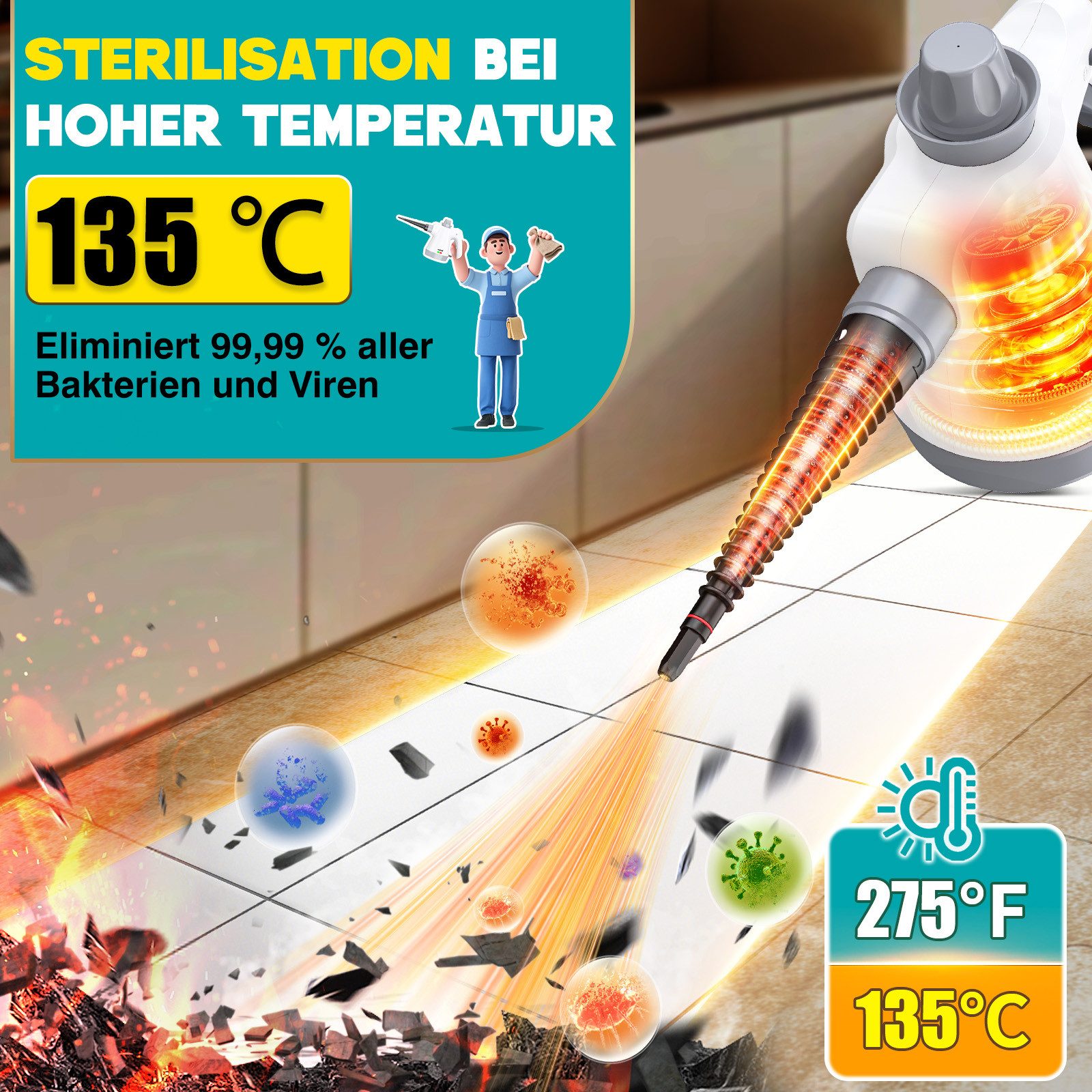 Rolipo Handdampfreiniger Dampfreiniger mit 12-Teiligem Zubehör, Steam Cleaner für Haushalt, 1050 W, für Haushalt, Küche, Bad, Fenster, Polster & Auto, 220-240V