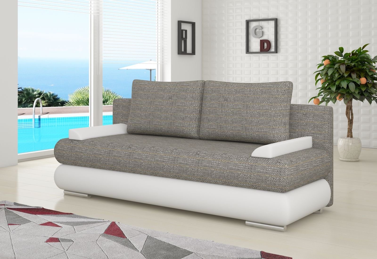 JVmoebel Sofa, Design Schlafsofa Couch Polster 3 Sitzer Stoff Couch Gästezimmer Hellgrau / Weiß