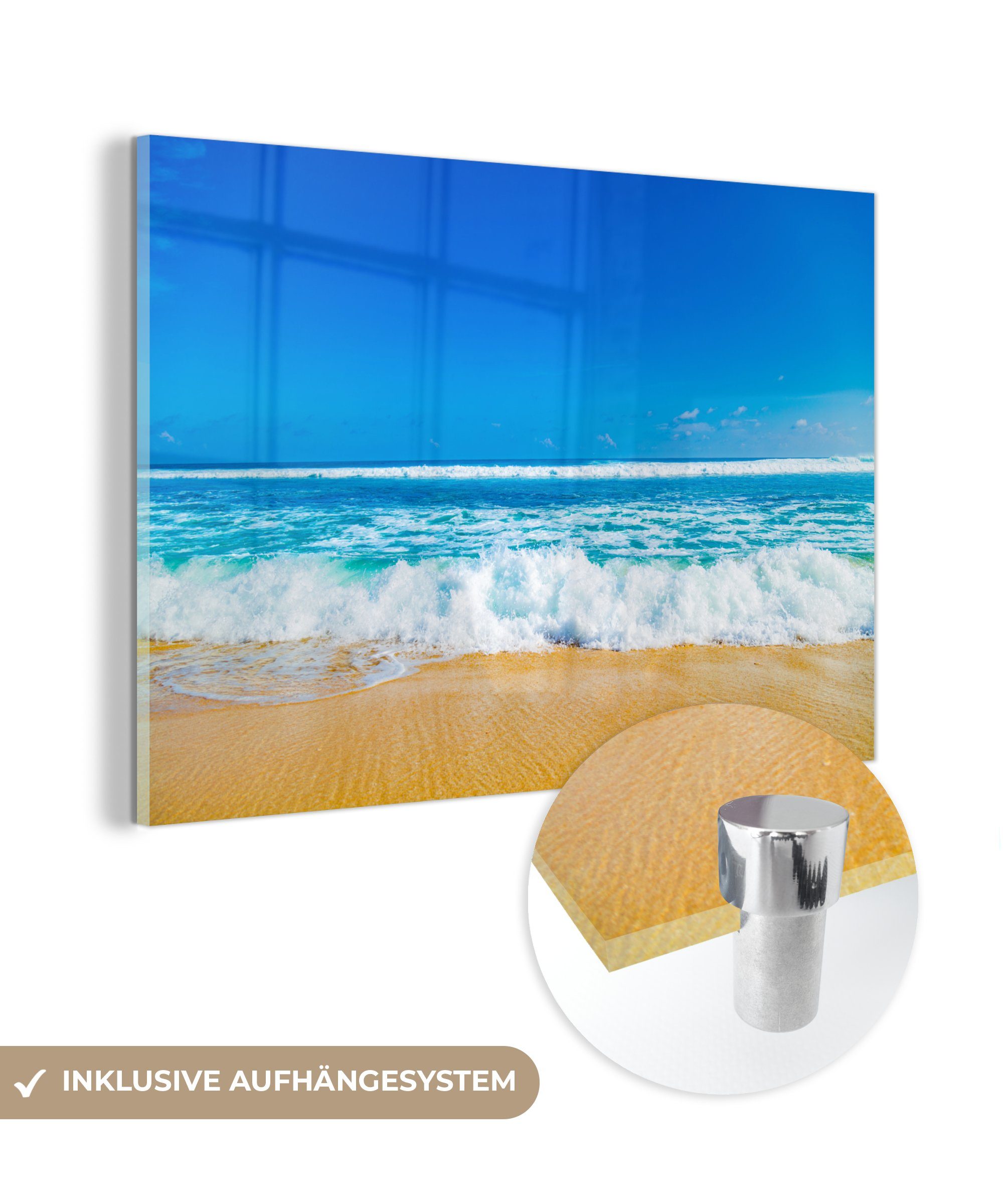 auf (1 Foto Glas Bilder Glas - - auf - MuchoWow Glasbilder Wandbild Strand Blau, - Acrylglasbild St), Meer - Wanddekoration