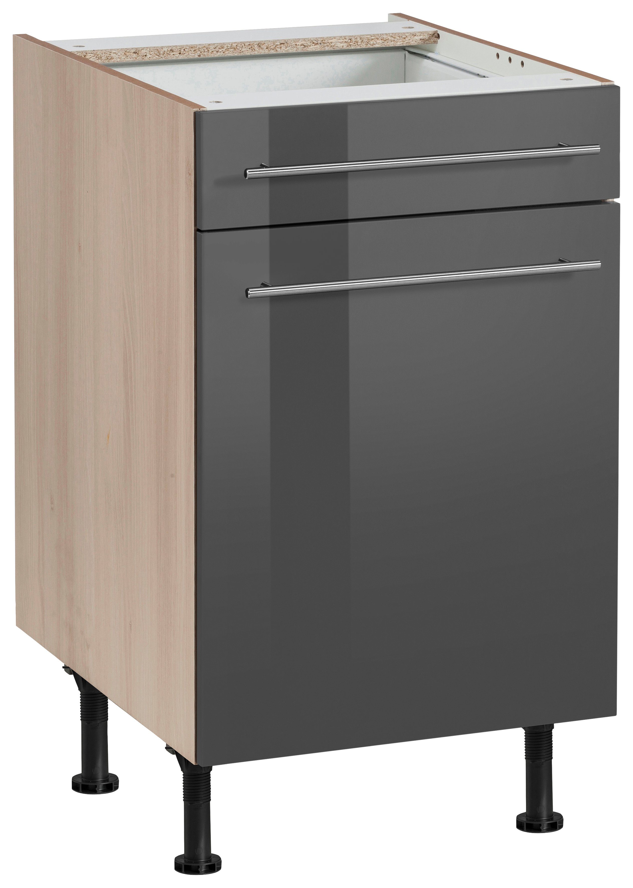 OPTIFIT Unterschrank Bern 50 cm breit, mit Tür und Schubkasten, höhenverstellbare Füße grau Hochglanz/akaziefarben | akaziefarben
