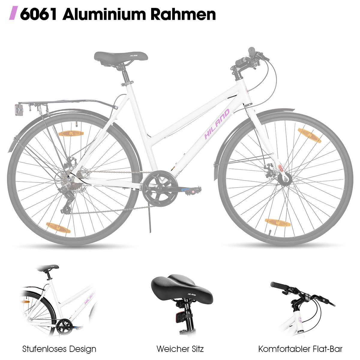 HILAND City Bike 700C Men's Women's Student Aluminum Alloy Commuter City Bike, 7-Speed, with Mudguards, Luggage Rack, Mechanical Disc Brakes