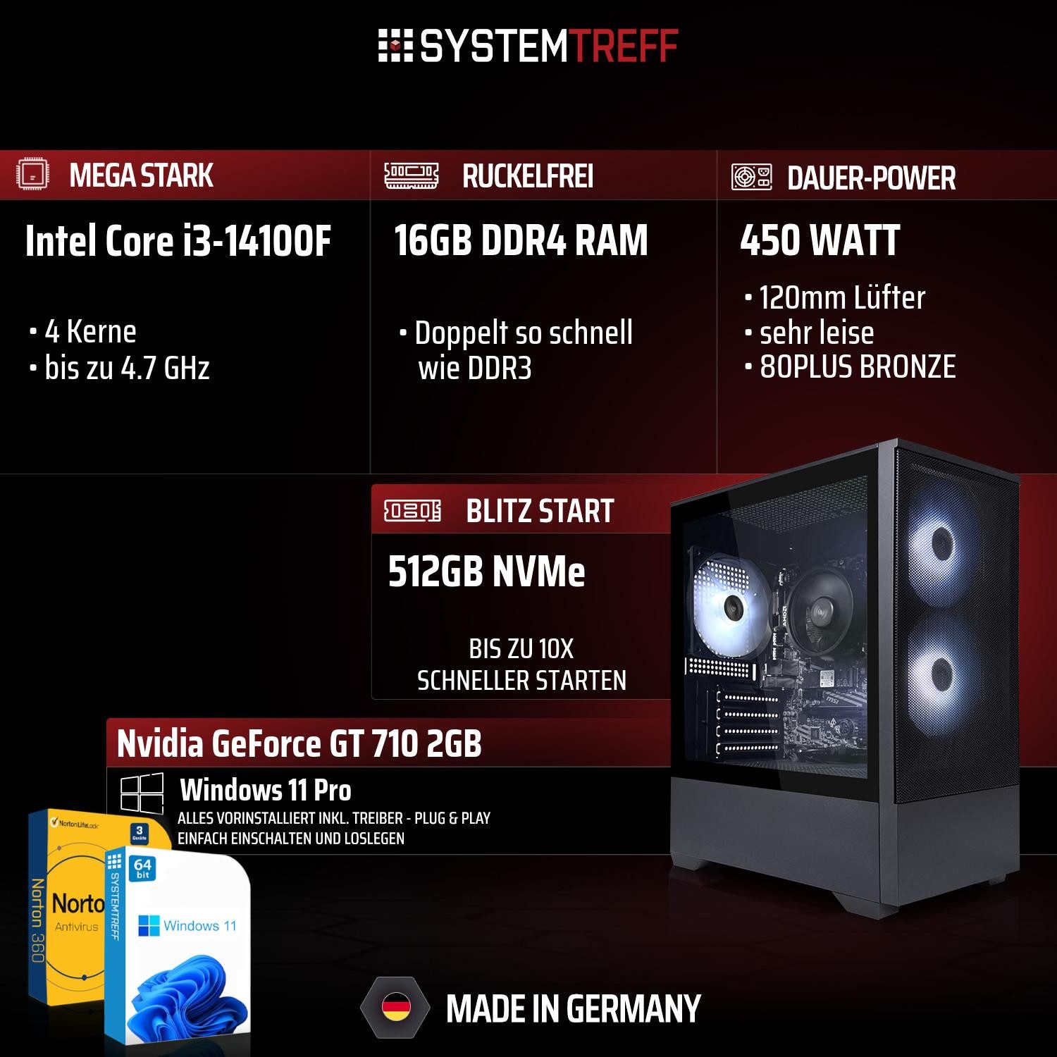 SYSTEMTREFF Intel Core i3-14100F mit Nvidia GeForce GT 710 2GB PC (Intel 14100F 14100F, GT 710, 16 GB RAM, 512 GB SSD, Luftkühlung)