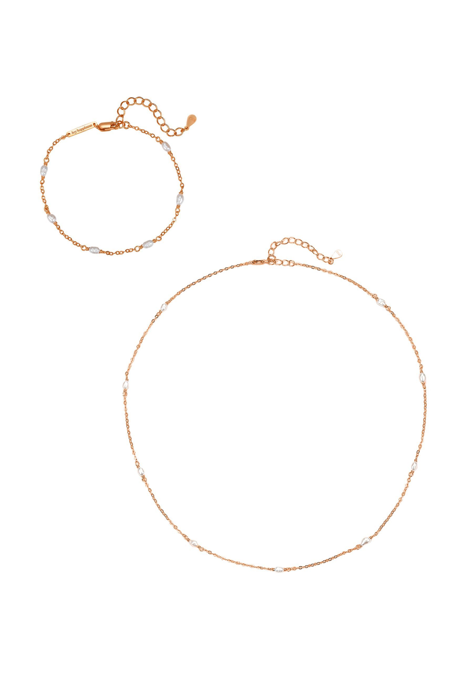 Hey Happiness Ketten und Armband Set Perlenzauber, Elegantes 2er Schmuckset 925 Silber, Zarte Perlenkette & Armband mit Perlen für Damen, mit Süßwasserperlen