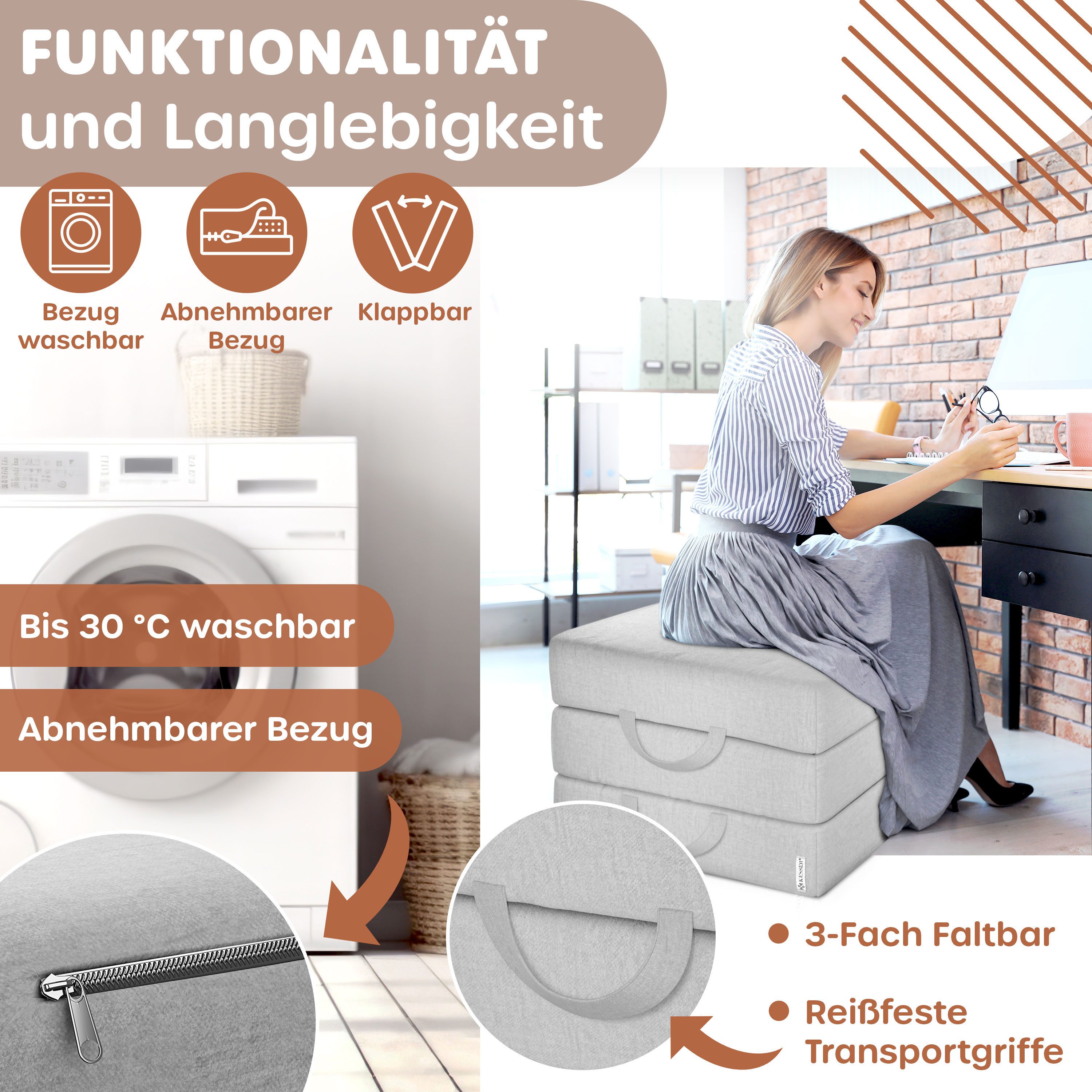 Klappmatratze 15cm hoch Gästematratze 3-fach faltbar zum Sitzhocker, KESSER, (bis zu 30 °C waschbarer abnehmbarer Bezug, Schaumstoff 25kg/m), Faltmatratze Inkl. Wasserabweisende Tragetasche