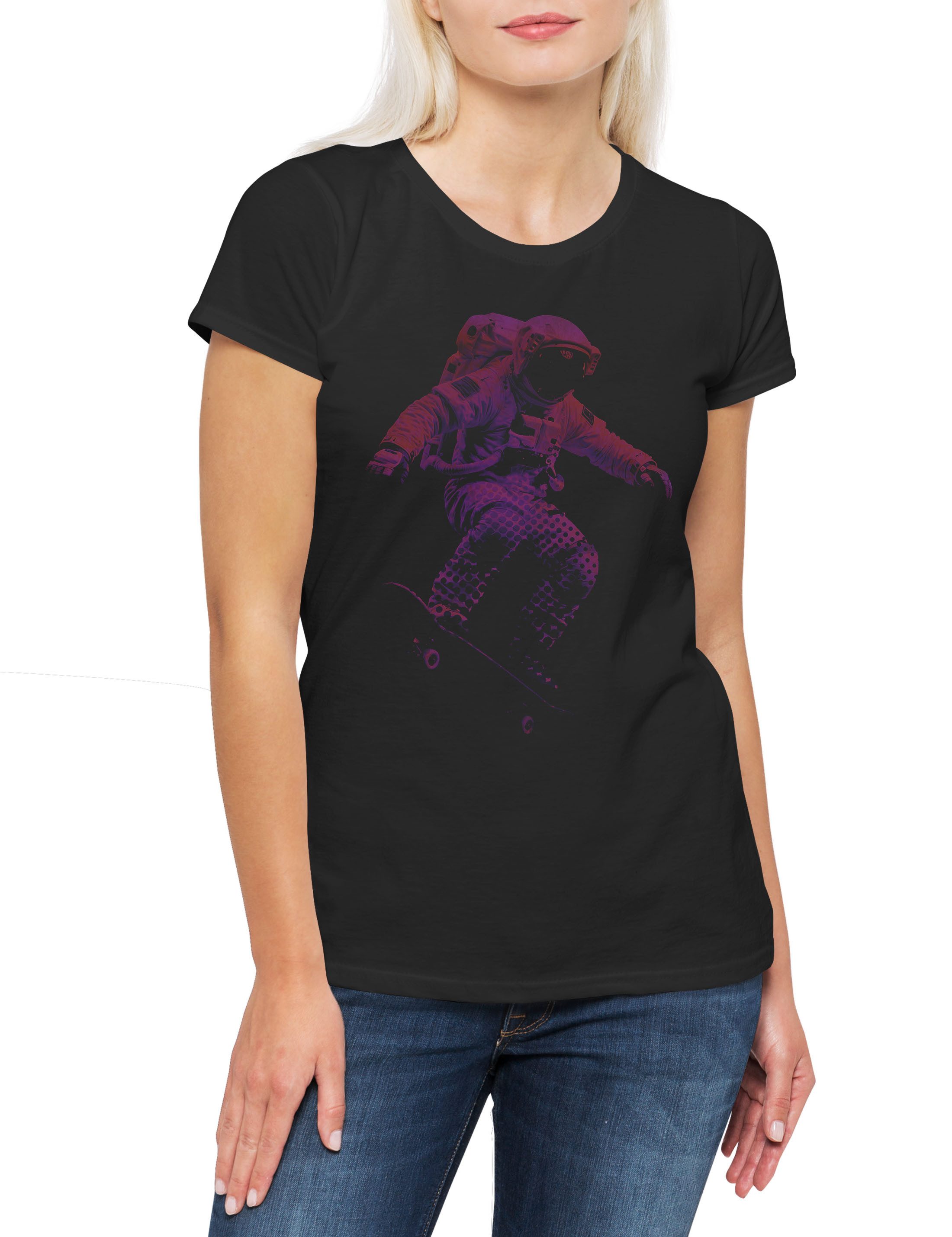Urban Backwoods Print-Shirt Astronaut Skater Damen T-Shirt Skateboarding Pro Skateboard Street (1-tlg) Skate Deck Ollie Kickflip
