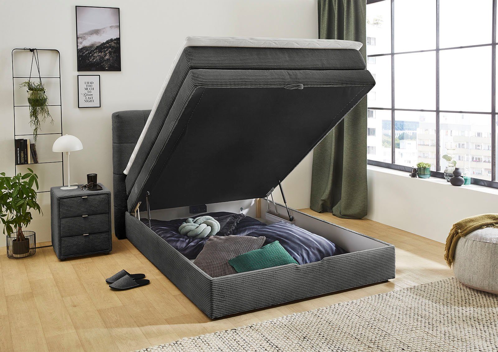 Jockenhöfer Gruppe Boxspringbett AMY in Cord, erhältlich in den Breiten 120cm & 140cm, mit Bettkasten & Topper