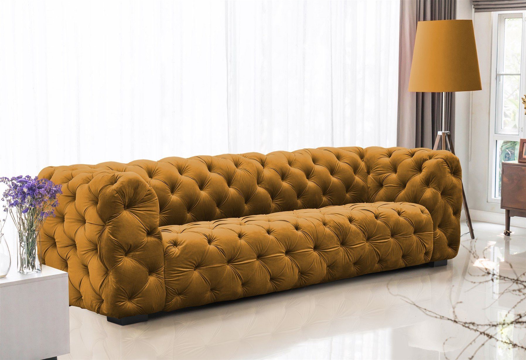 Fun Möbel Sofa Sofa Designer-Sofa NATALIE 4-Sitzer in Stoff, 1 Teile, Rundumbezug Goldgelb