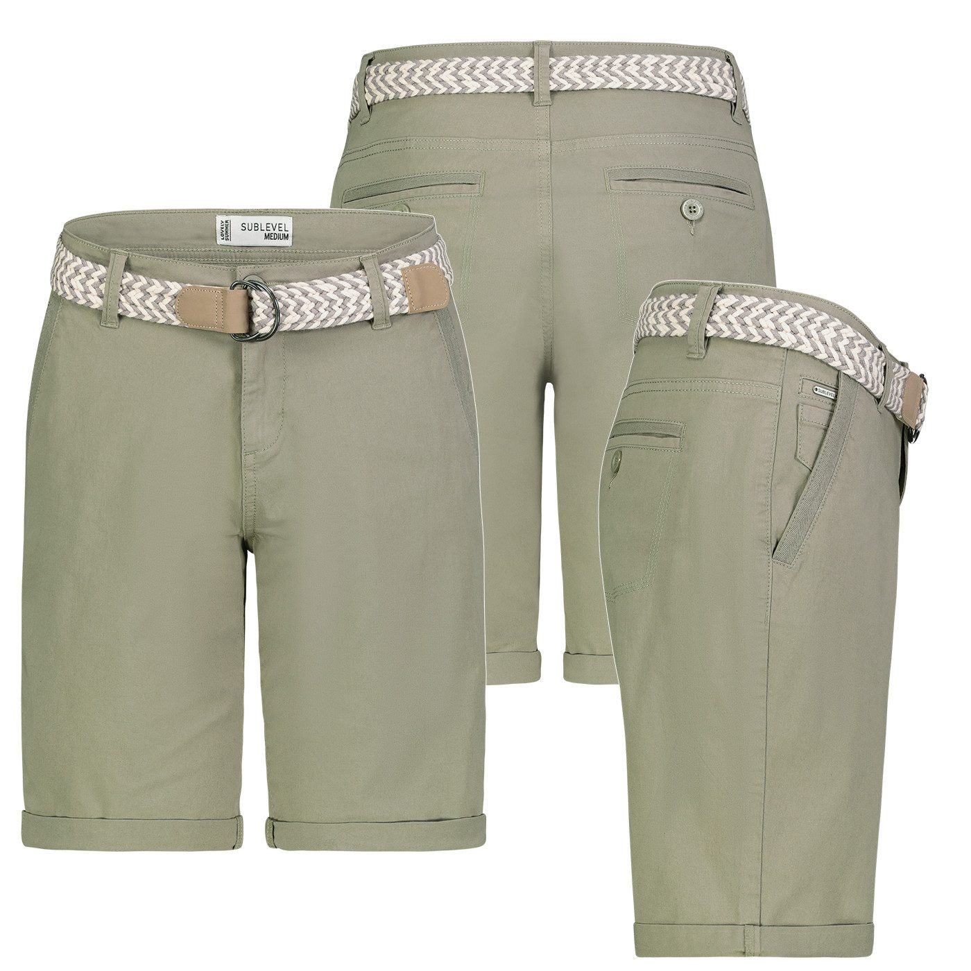 SUBLEVEL Bermudas Damen Short Bermuda kurze Hose Sommer Chino Stoff Hose mit Gürtel