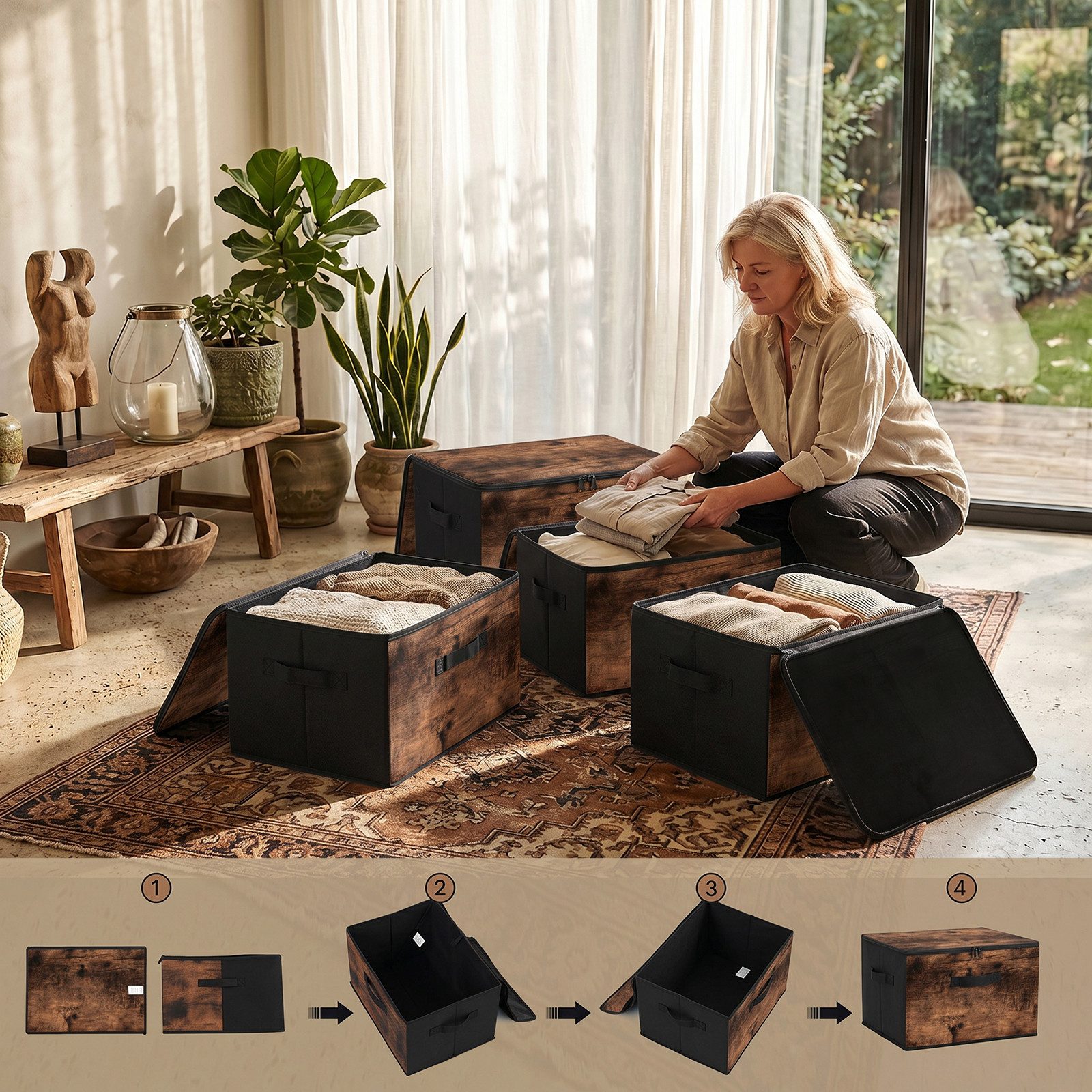 Sekey Aufbewahrungsbox Aufbewahrungsboxen mit Deckel 45L Stapelbar Faltbare Ordnungsboxen (6 St), 6er Set Faltbox, Organizer Kleidung Vliesstoff Boxen für Schra – Bild 4 von 5