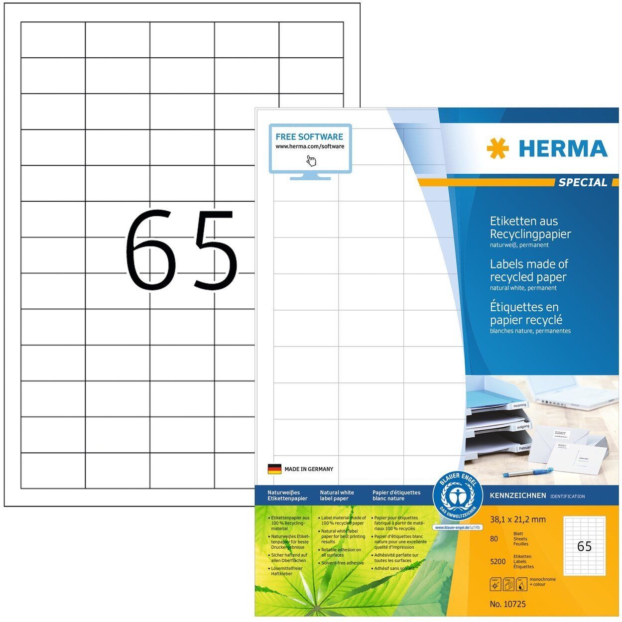 HERMA Etiketten Etiketten 38,1x21,2mm naturweiß RC A4 VE=80 Blatt