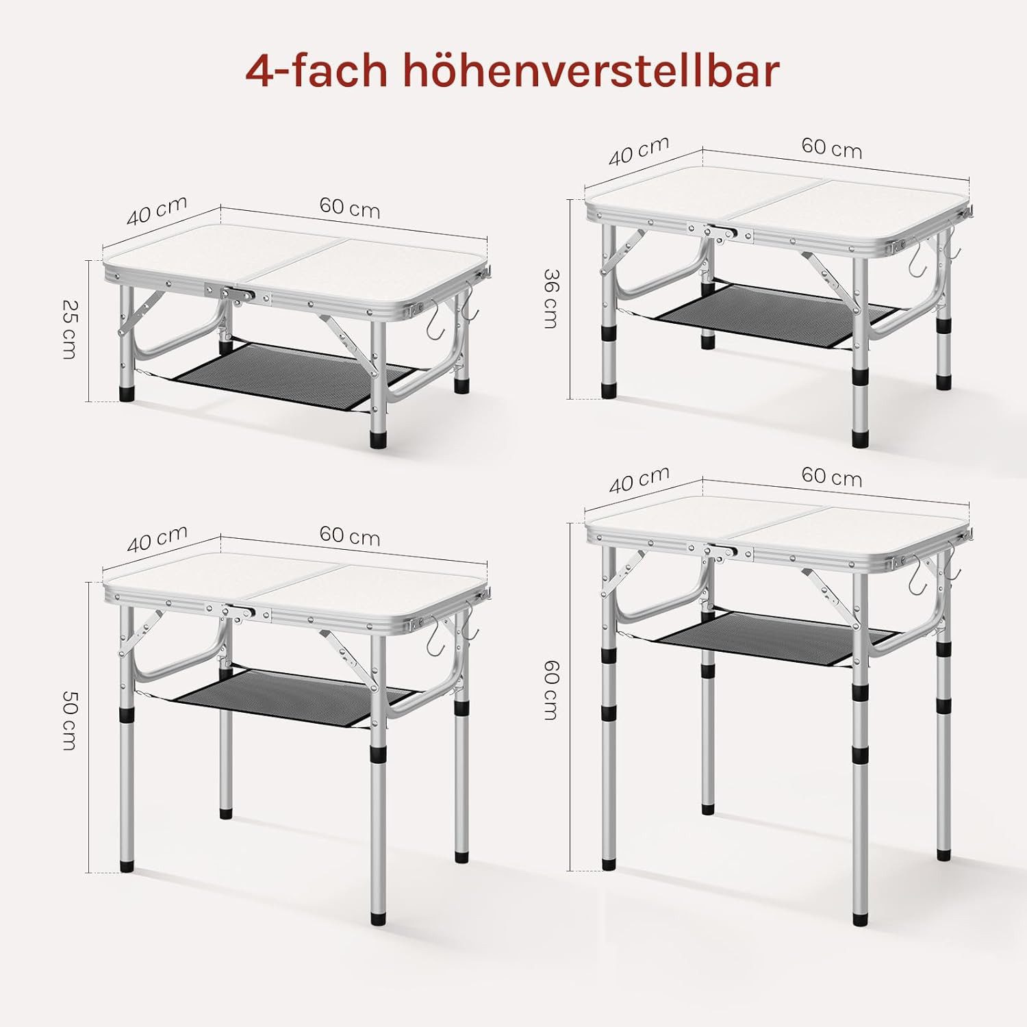 Woltu Klapptisch, höhenverstellbar 25/36/50/60 cm, Campingtisch 60x40cm Tischplatte
