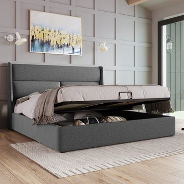 SOFTWEARY Polsterbett Doppelbett mit Lattenrost und Bettkasten, Leinen (140x200 cm), Kopfteil mit Stützen und seitlichen Ohren