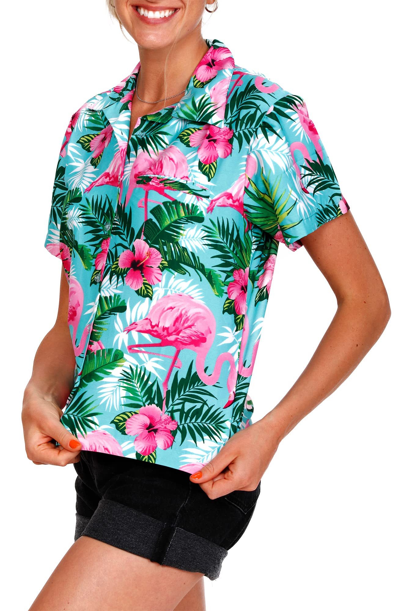 King Kameha Hawaiihemd Flamingo Flowers Funky Hawaiibluse Damen Kurzarm Front-Tasche Stylish