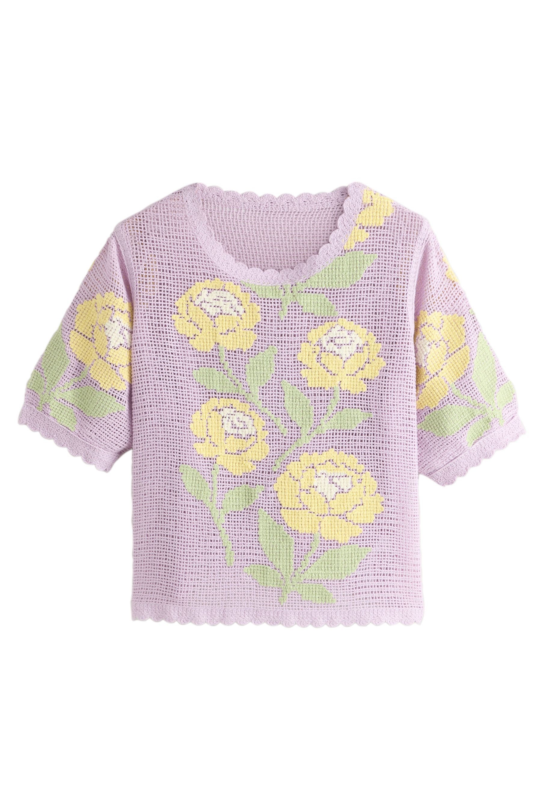 Next Kurzarmpullover T-Shirt mit gehäkeltem Ausschnitt (1-tlg)