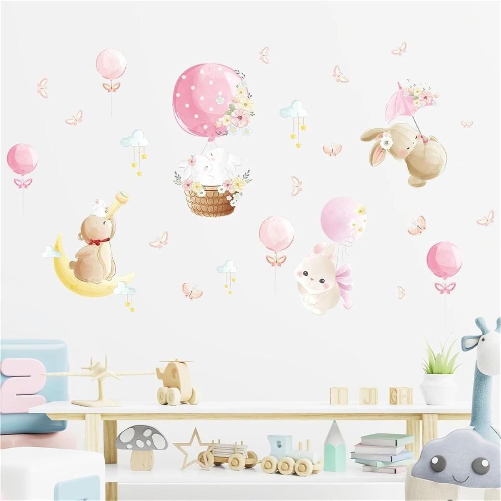 Montegoni Wandsticker Hasen Ballon Wandsticker Kinderzimmer Rosa Wolken Wandtattoo (Mehrteiliges Motivset, 1er Set Hasen Ballon Wandsticker), Selbstklebend, Ablösbar, Mehrteilig, Dekorativ