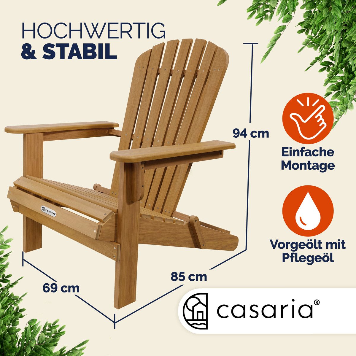 Casaria Gartensessel, Akazie Holz 160kg Belastbar Wetterfest Klappbar Armlehnen Garten