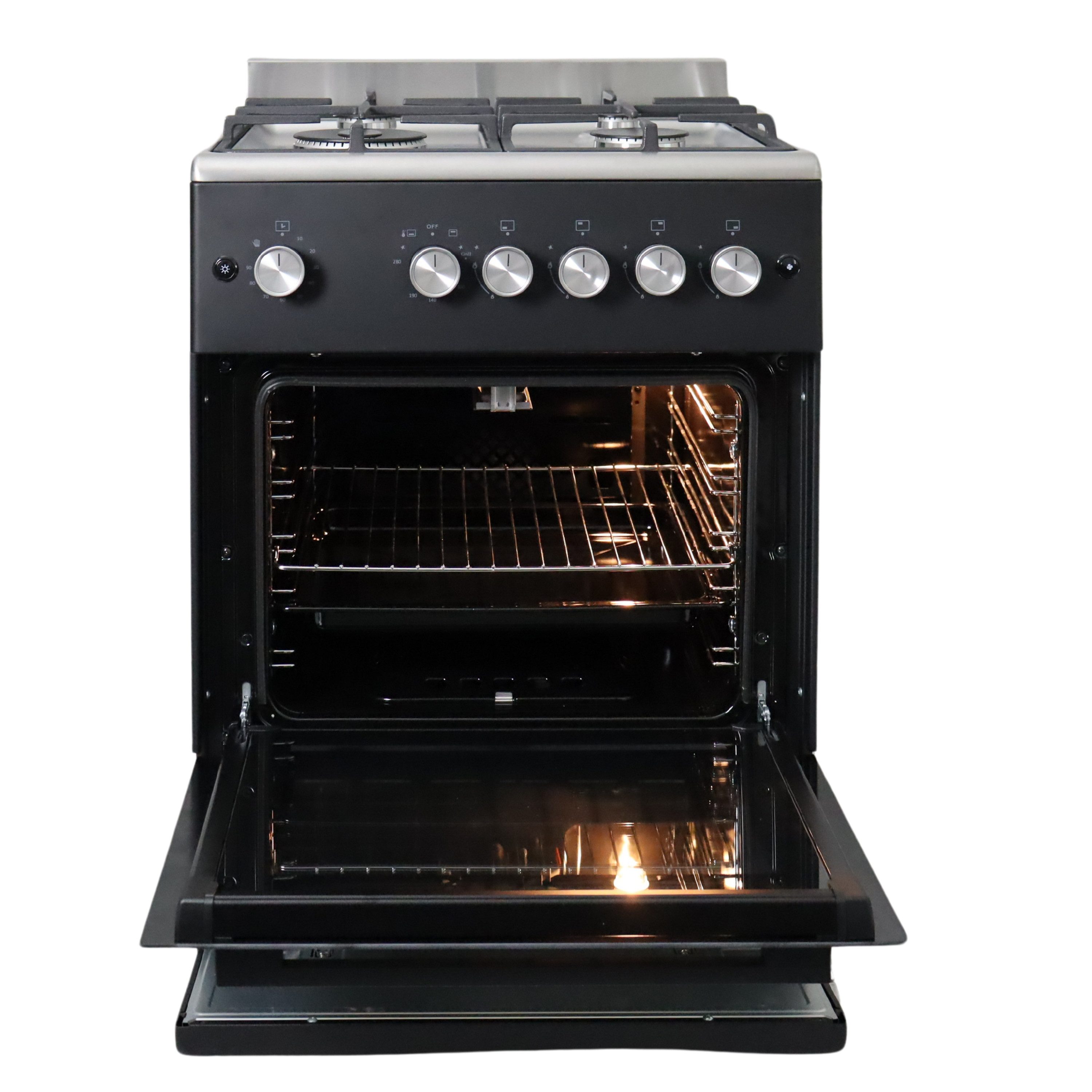 Gasline Gas-Standherd mit Gasbackofen mit Thermostat, 60cm breit SHGG6060FGWB, mit Grill, Umluft & Beleuchtung, Schwarz/Edelstahl, Zündsicherung, elektrische Zündung, Erdgas Propangas